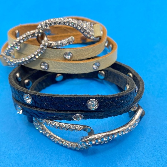 Pair Suede Leather Wrap Bracelets Rhinestone Hook Closure - Picture 1 of 5